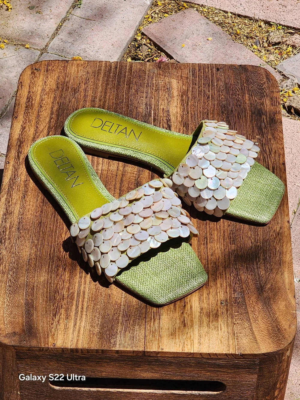 Deltan Women's Flora Linen Pearl Disc Flat Sandals in Sublime Green, Size 6